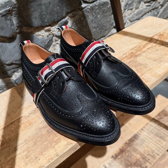 Thom Browne Black Pebbled Grosgrain Tricolour Strap Long Wingtip Shoes - Picture 4 of 11